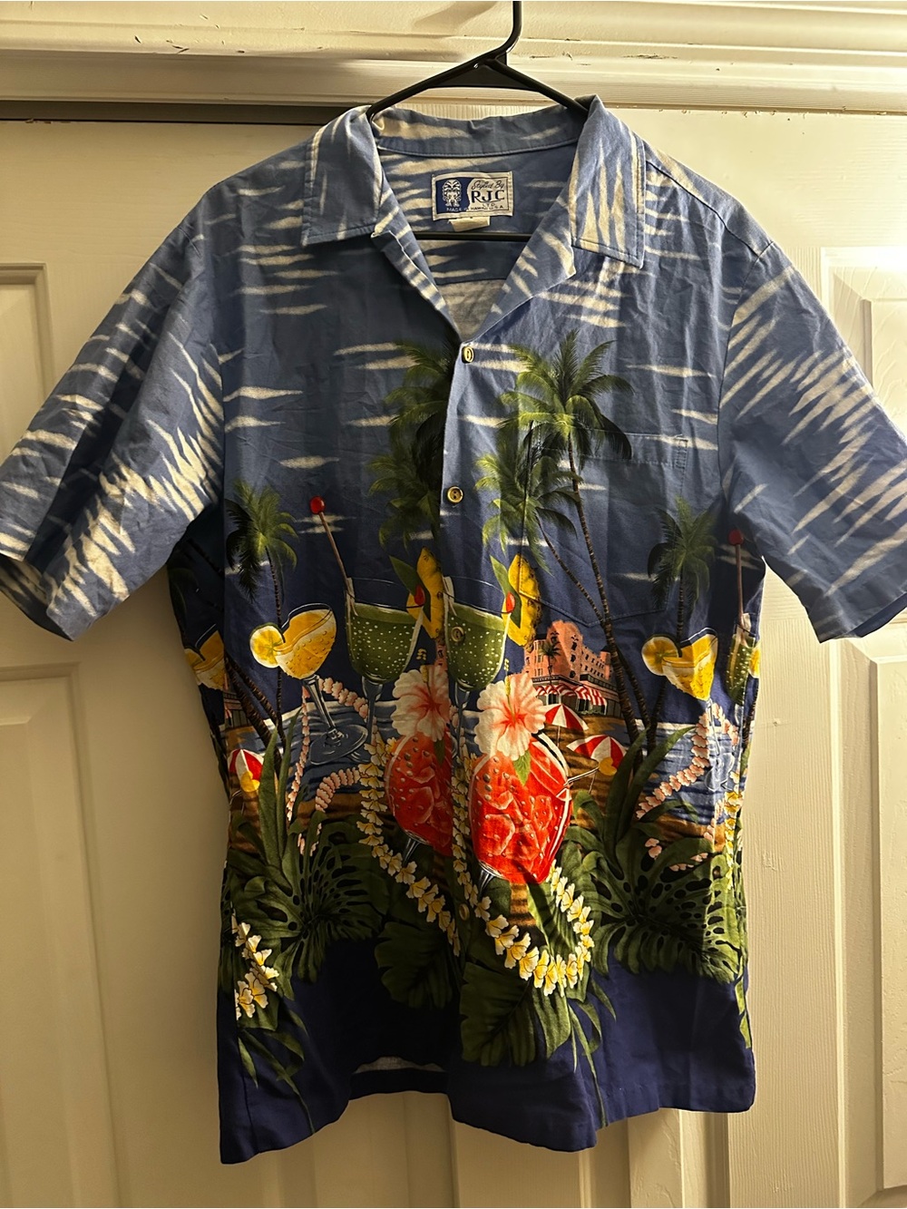 Hawaiian Short-Sleeve Button-Up Shirt - Blue Tropical Print